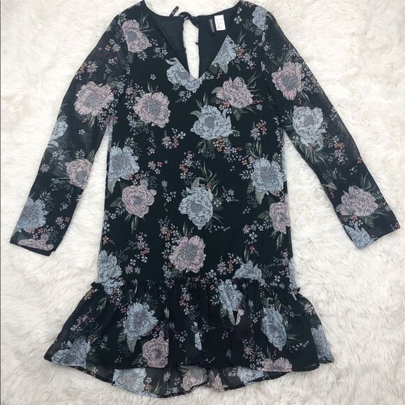 H&M Divided Black Floral 3/4 Sleeve Sheer Shift Dress Ruffle Edge Size 2 - Picture 1 of 7